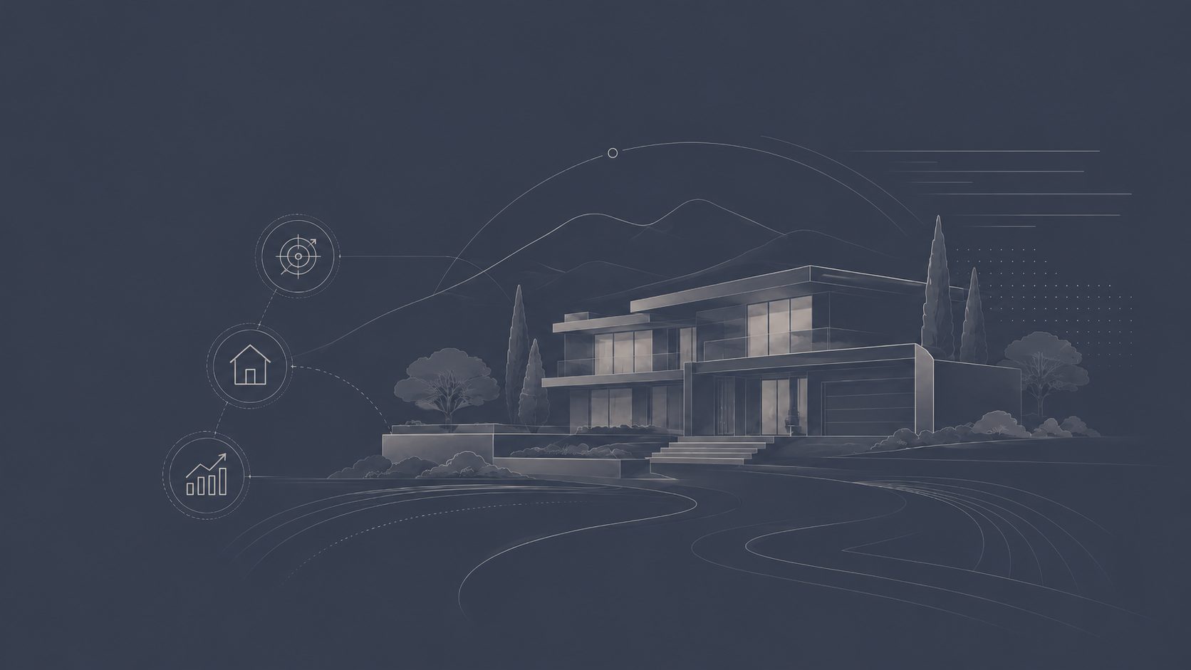 Luxury home illustration with strategy icons representing pricing, positioning, and seller guidance in the East Tennessee market.