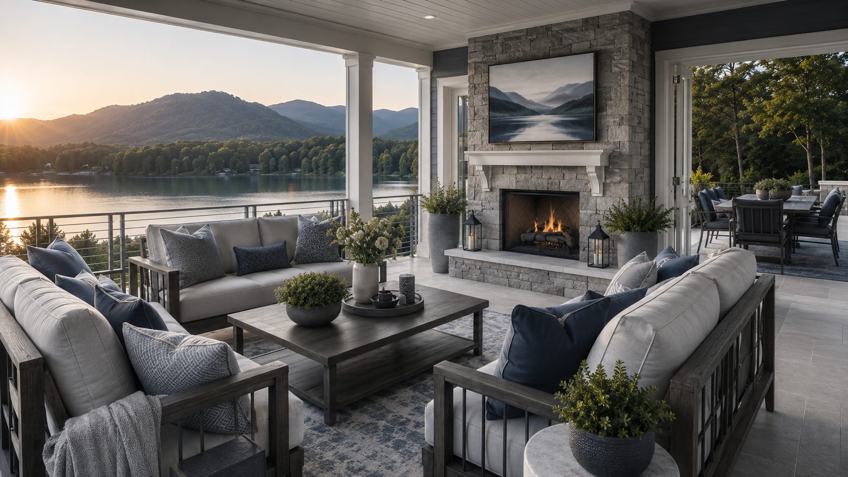 Luxury covered outdoor living area with blue-gray furnishings, stone fireplace, and East Tennessee lake and mountain views.