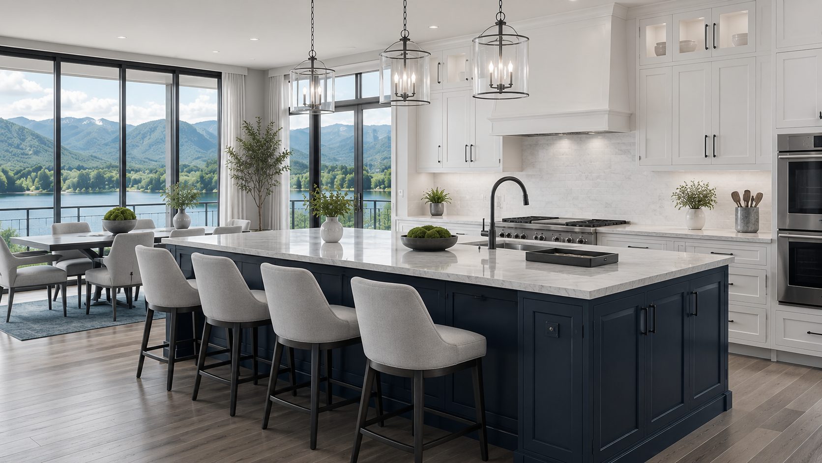 Bright luxury kitchen with Wallace Midnight island, white cabinetry, refined finishes, and scenic lake and mountain views.