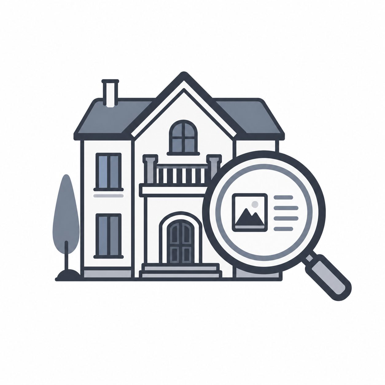 Luxury home with magnifying glass representing property story development
