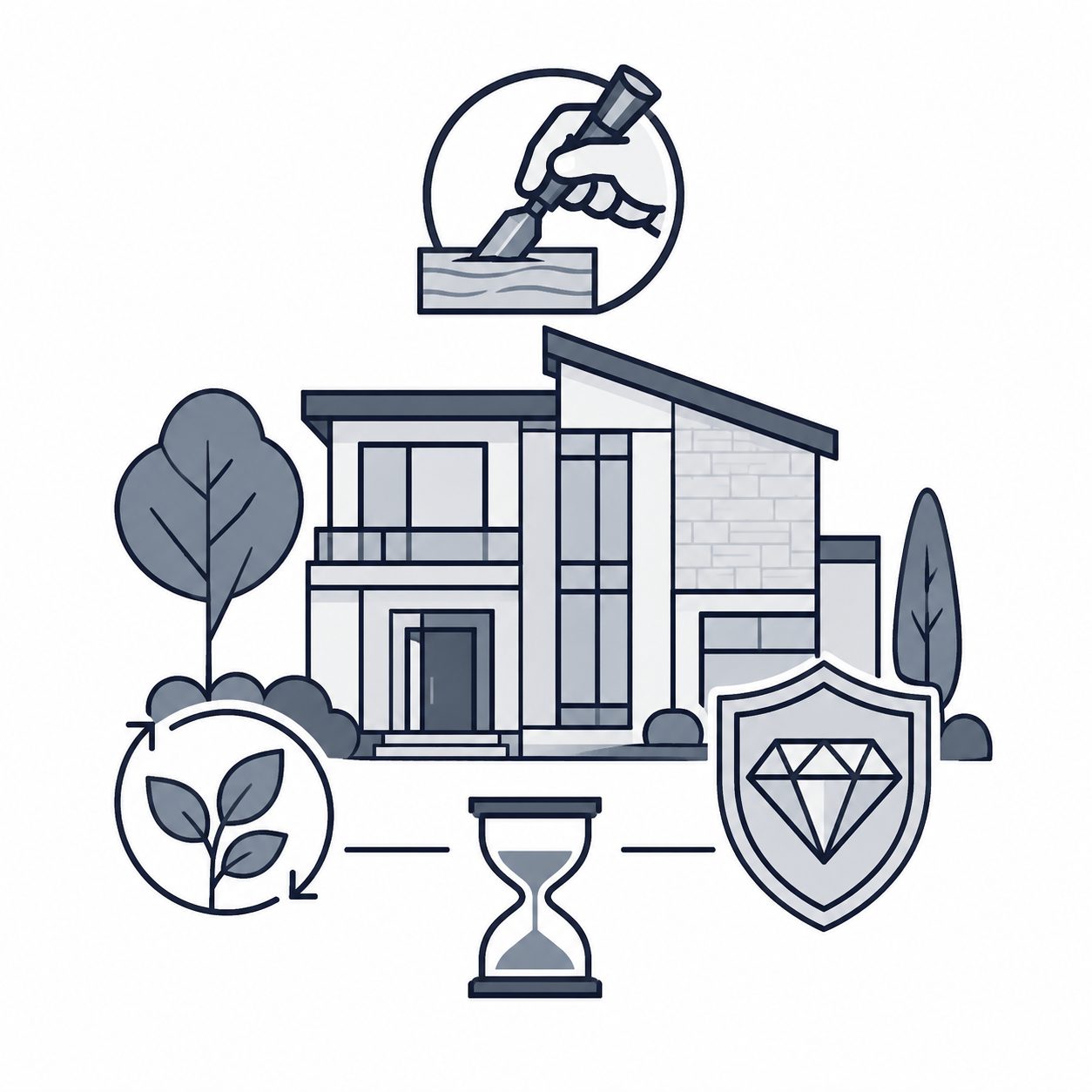Modern luxury home with craftsmanship, sustainability, quality, and long-term value symbols