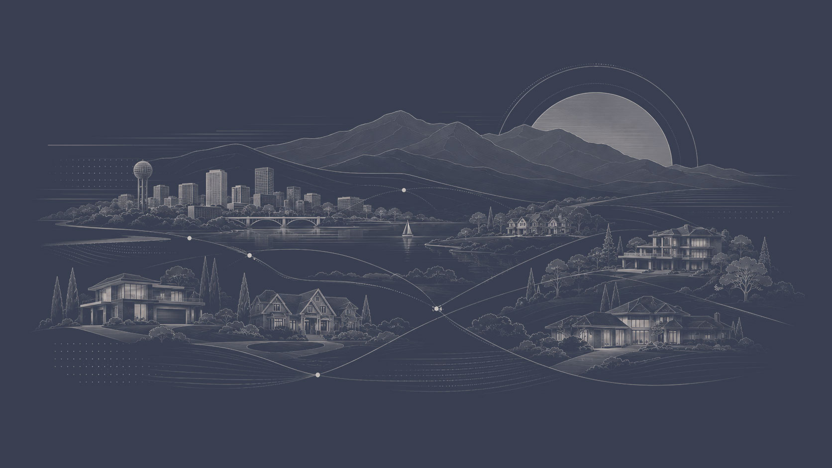 Illustrated East Tennessee landscape connecting Knoxville, lake communities, mountain areas, and luxury residential neighborhoods.