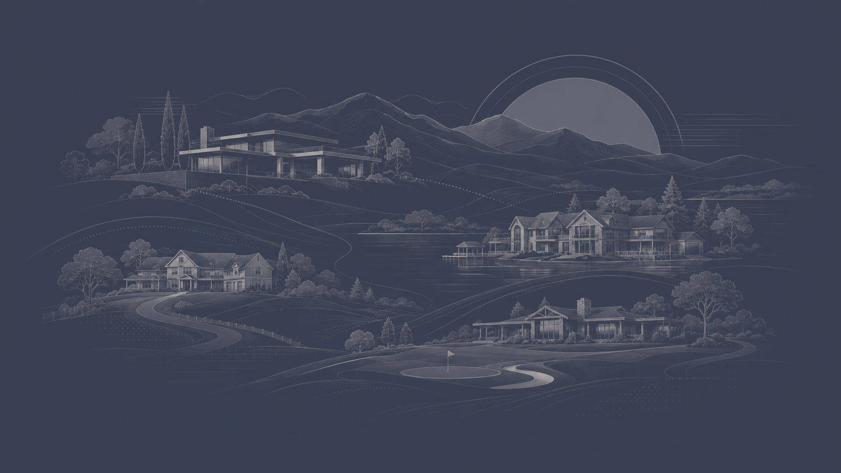 Luxury homes representing lakefront, mountain, private acreage, golf community, and modern residential property types.