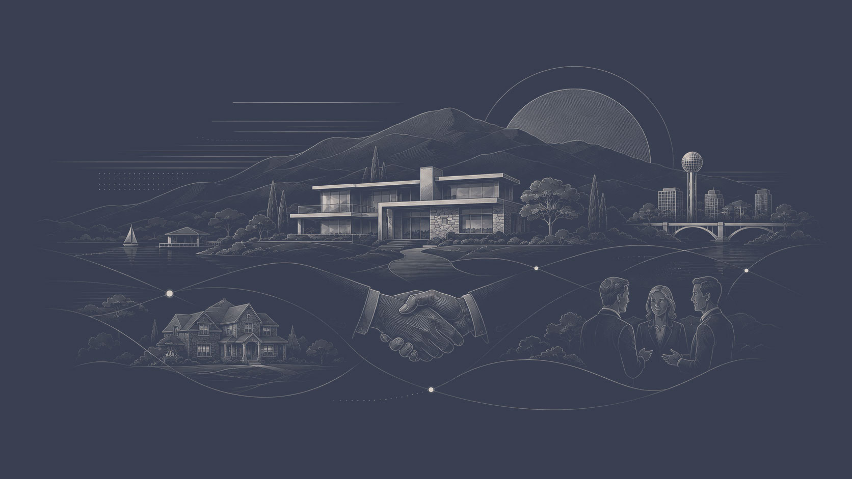 Luxury real estate illustration with a handshake, professional consultation, Knoxville skyline, and connected properties.