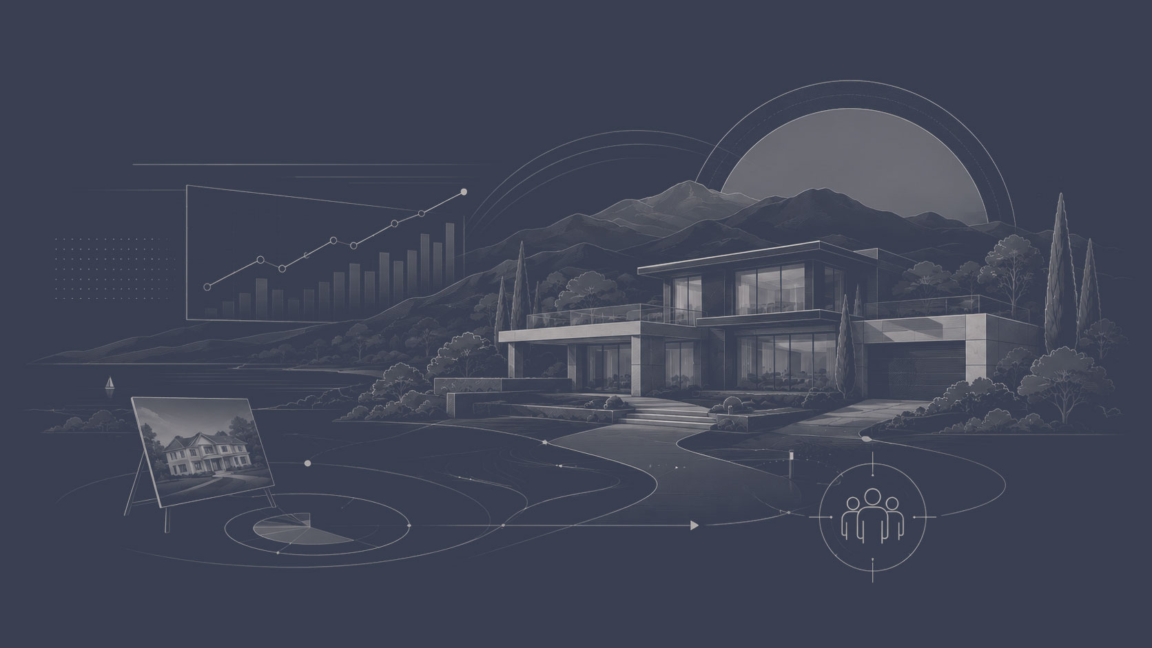 Modern luxury home with market growth chart, property presentation display, and targeted buyer audience illustration.