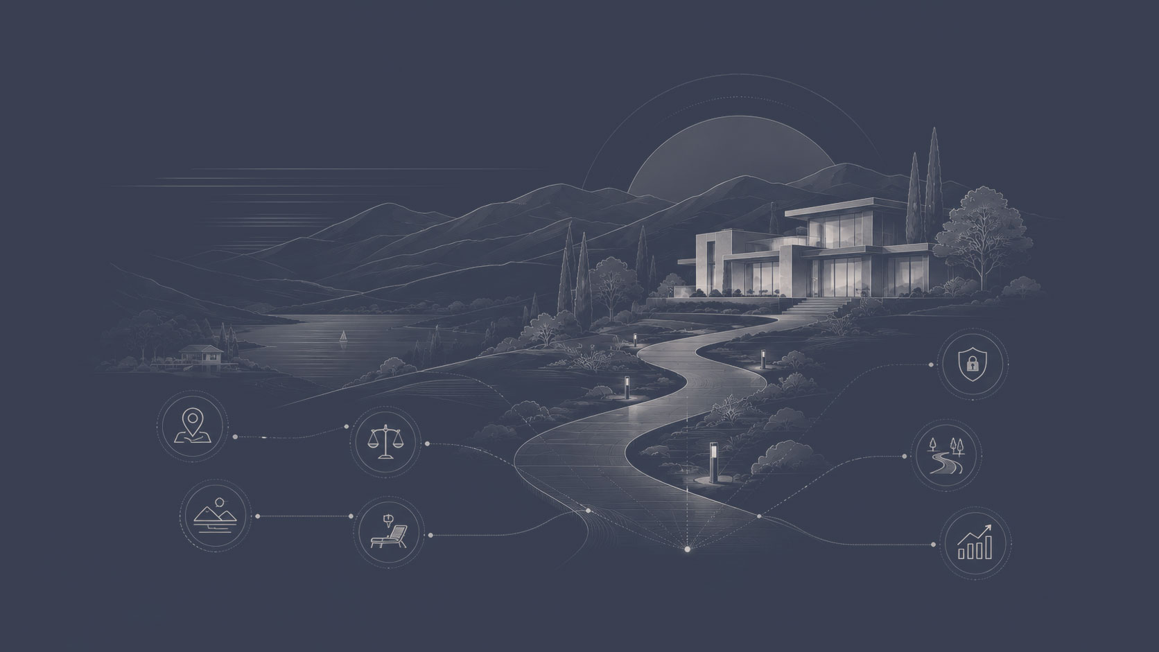 Curving path leading to a luxury home with icons representing location, value, lifestyle, privacy, and future usability.