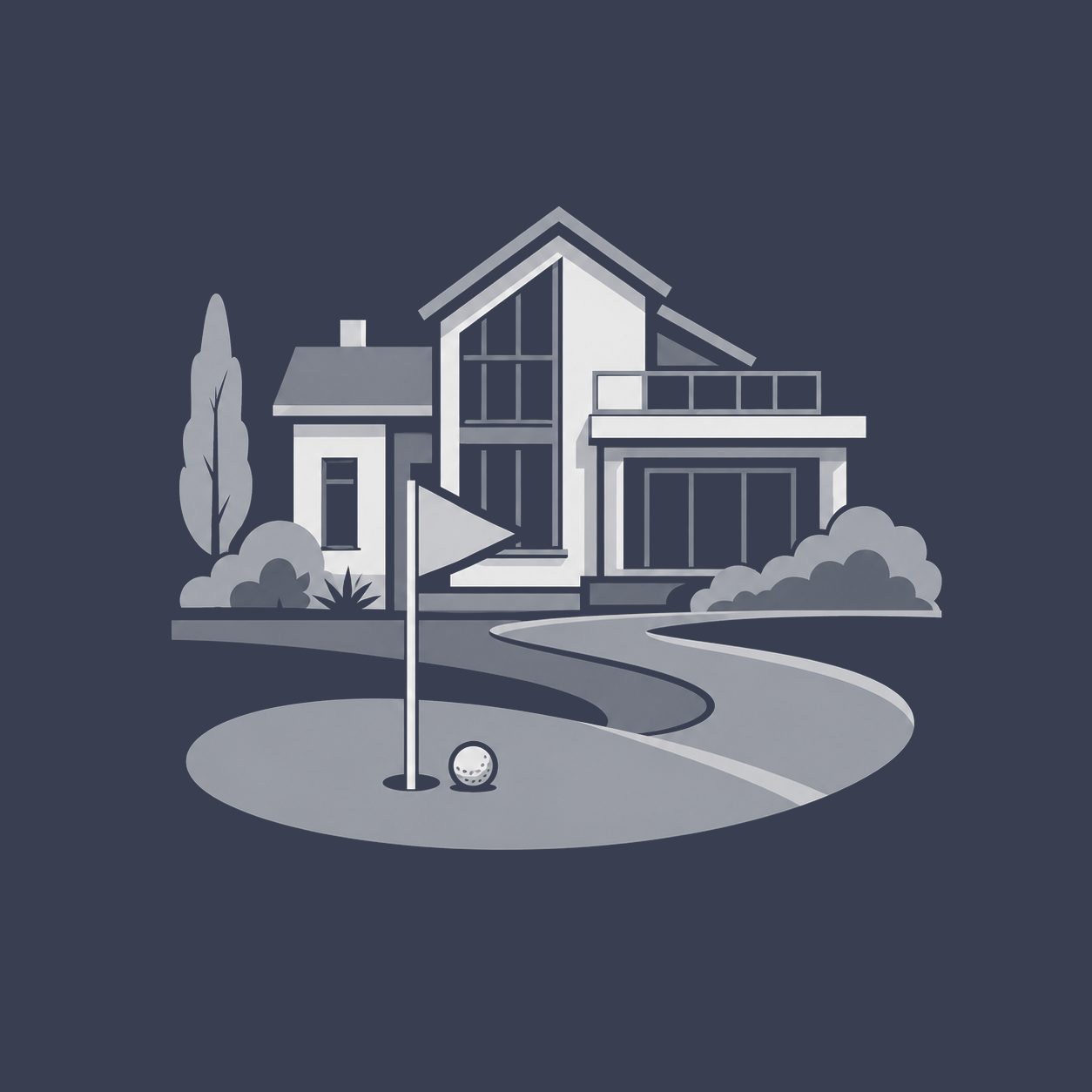 Luxury golf community home beside a putting green, flag, and golf ball