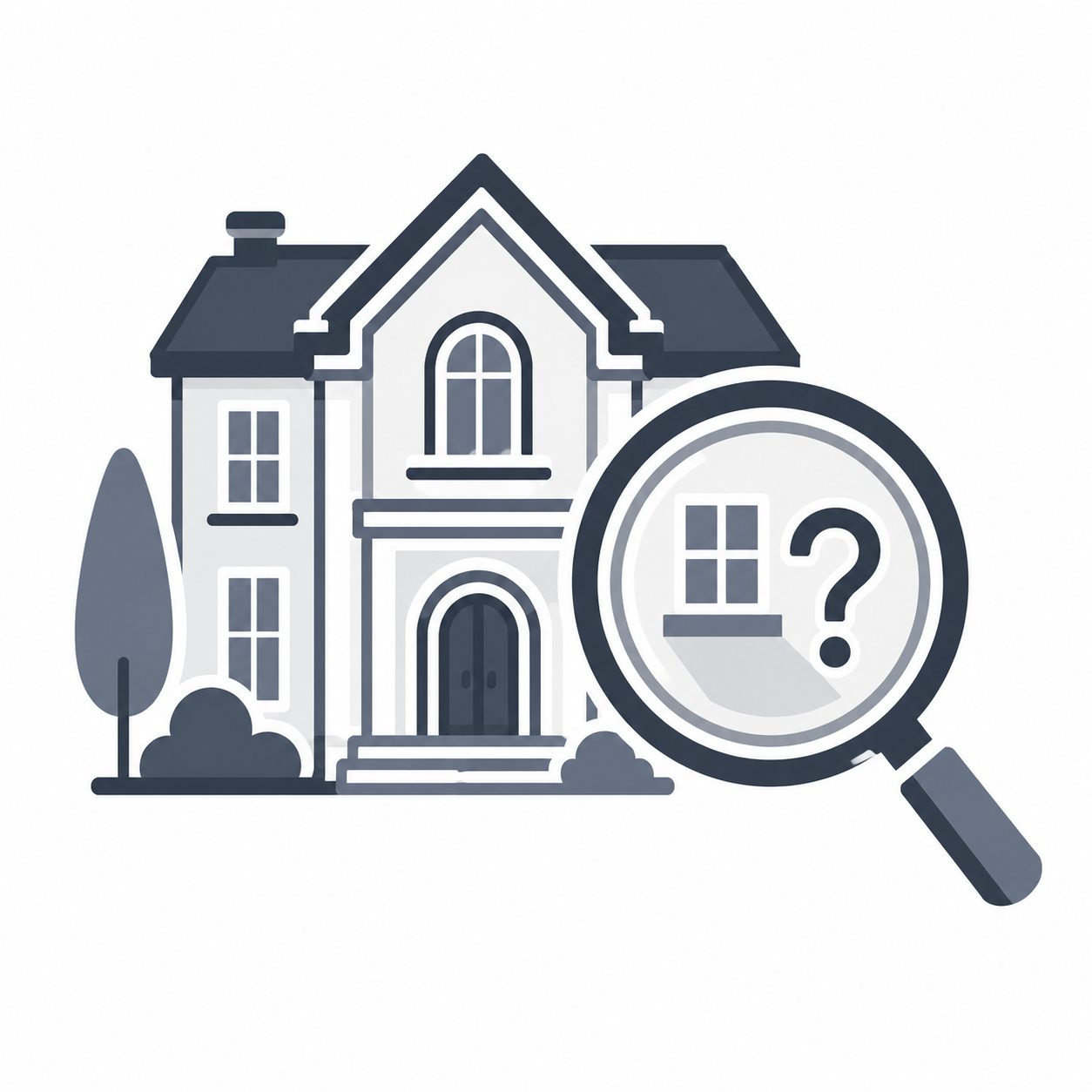 Luxury home with magnifying glass and question mark representing buyer research