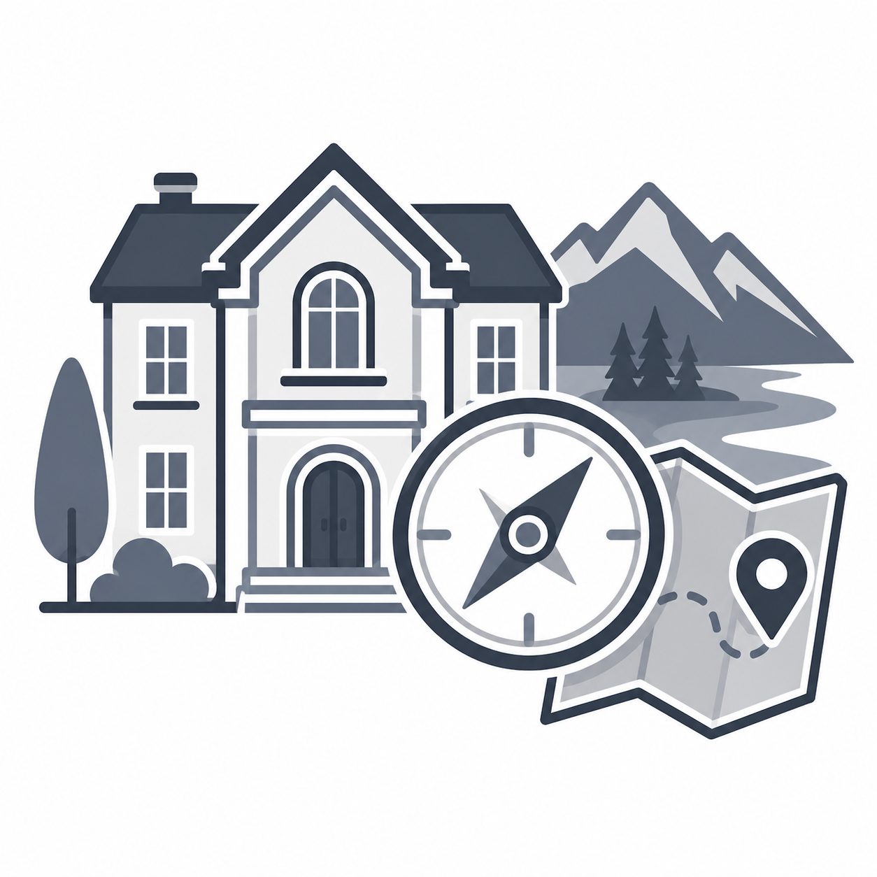 Luxury home with compass, map, mountains, and location marker