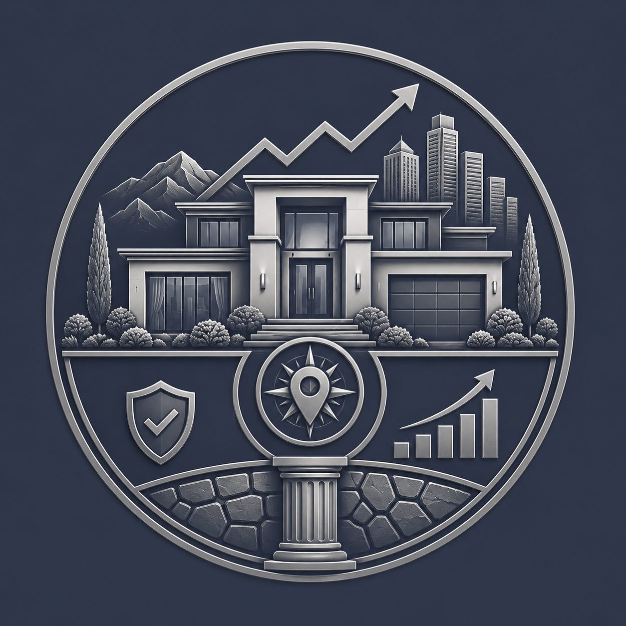 Luxury long-term value icon showing a modern home with symbols of security, location, and property appreciation.