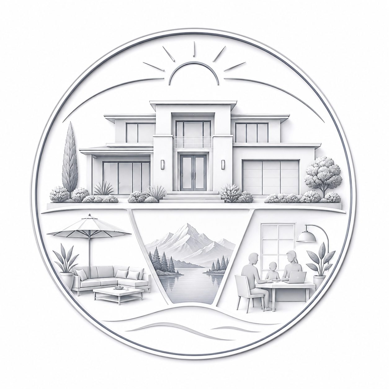 Luxury real estate icon showing a modern home, outdoor living, scenic views, and family-centered lifestyle elements.