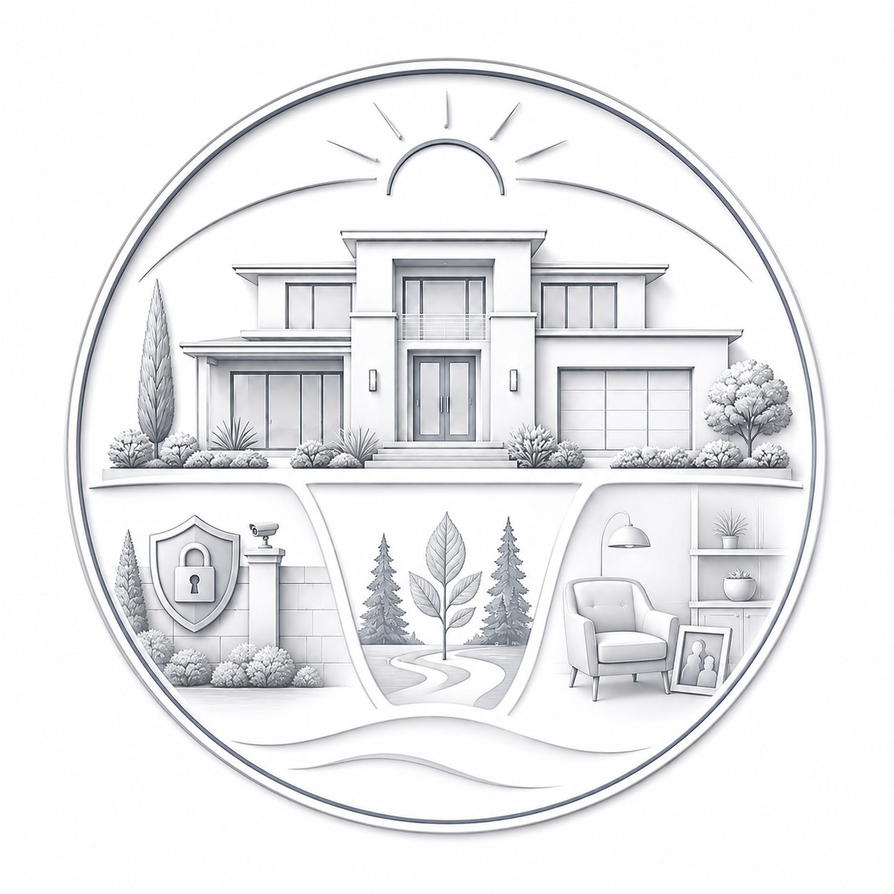 Luxury real estate icon showing a modern home with symbols of privacy, nature, security, and comfort.