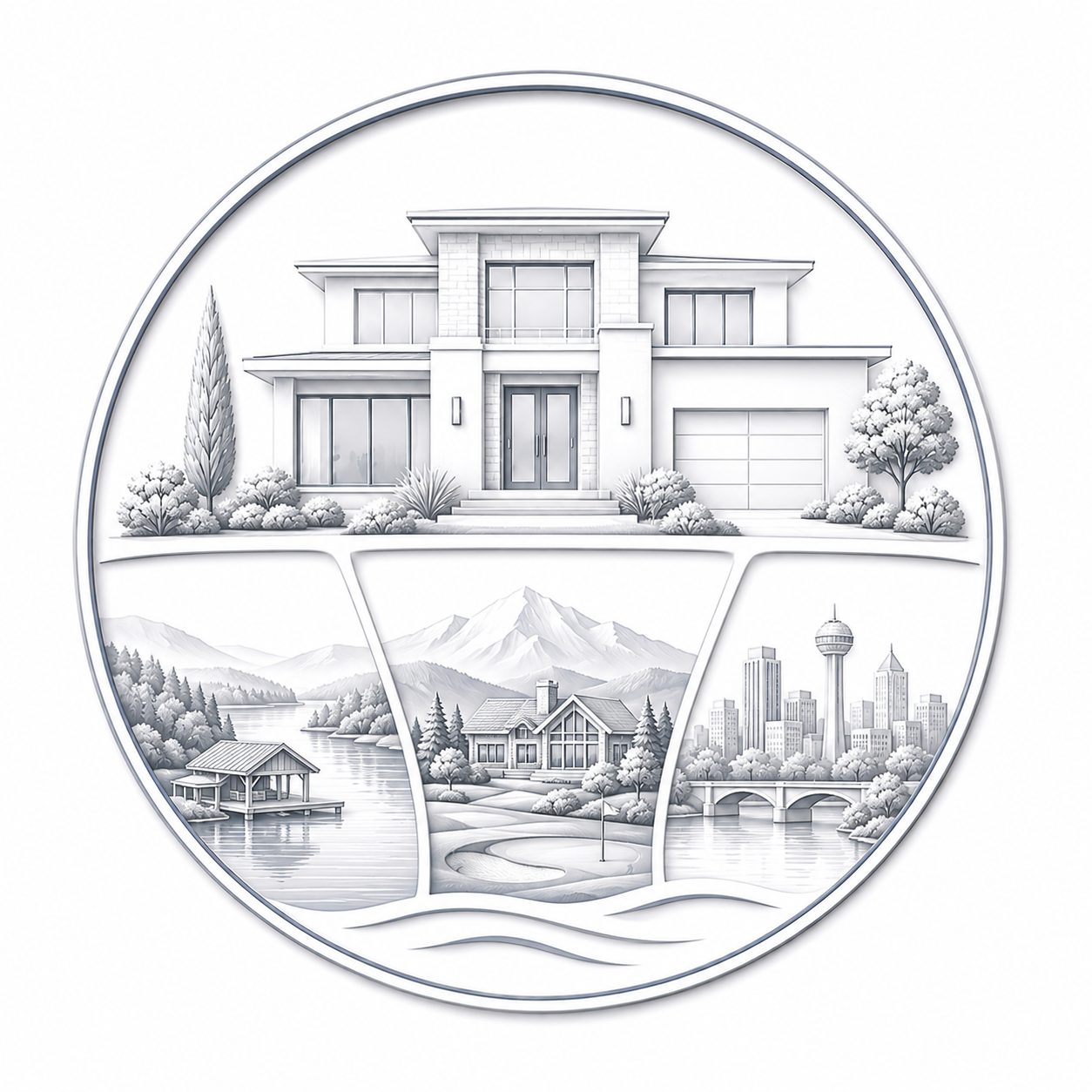 Luxury real estate icon showing a modern home with lakefront, mountain, golf, and city lifestyle scenes.