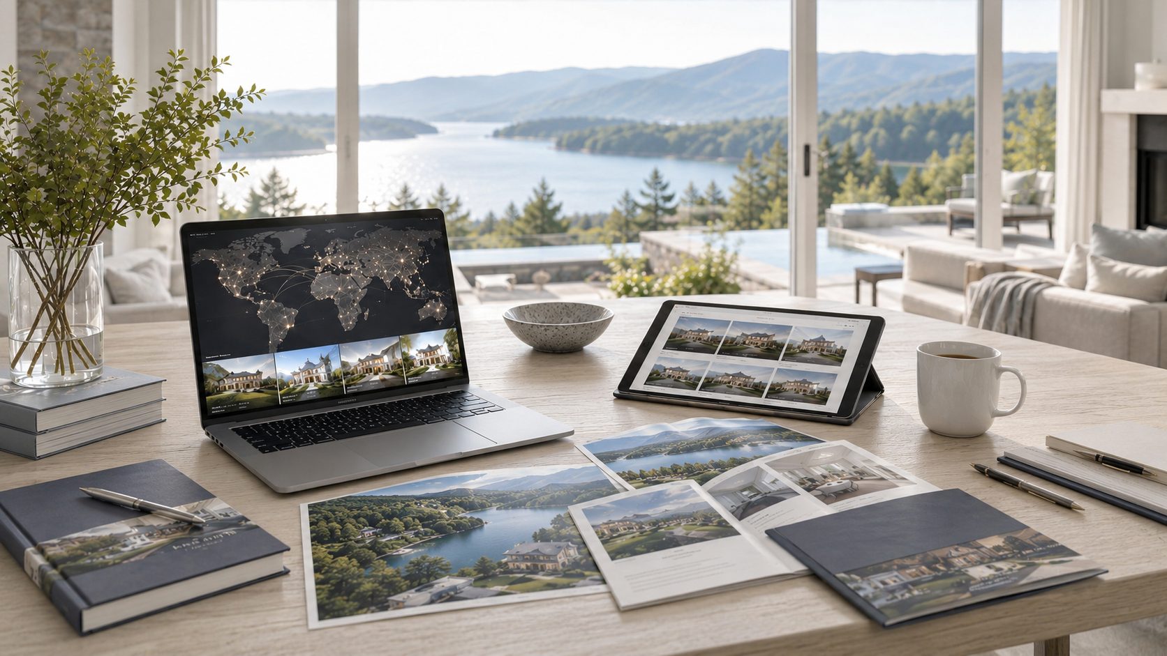 Organized luxury relocation workspace with property listings, maps, contracts, keys, tablet, and East Tennessee lake views.