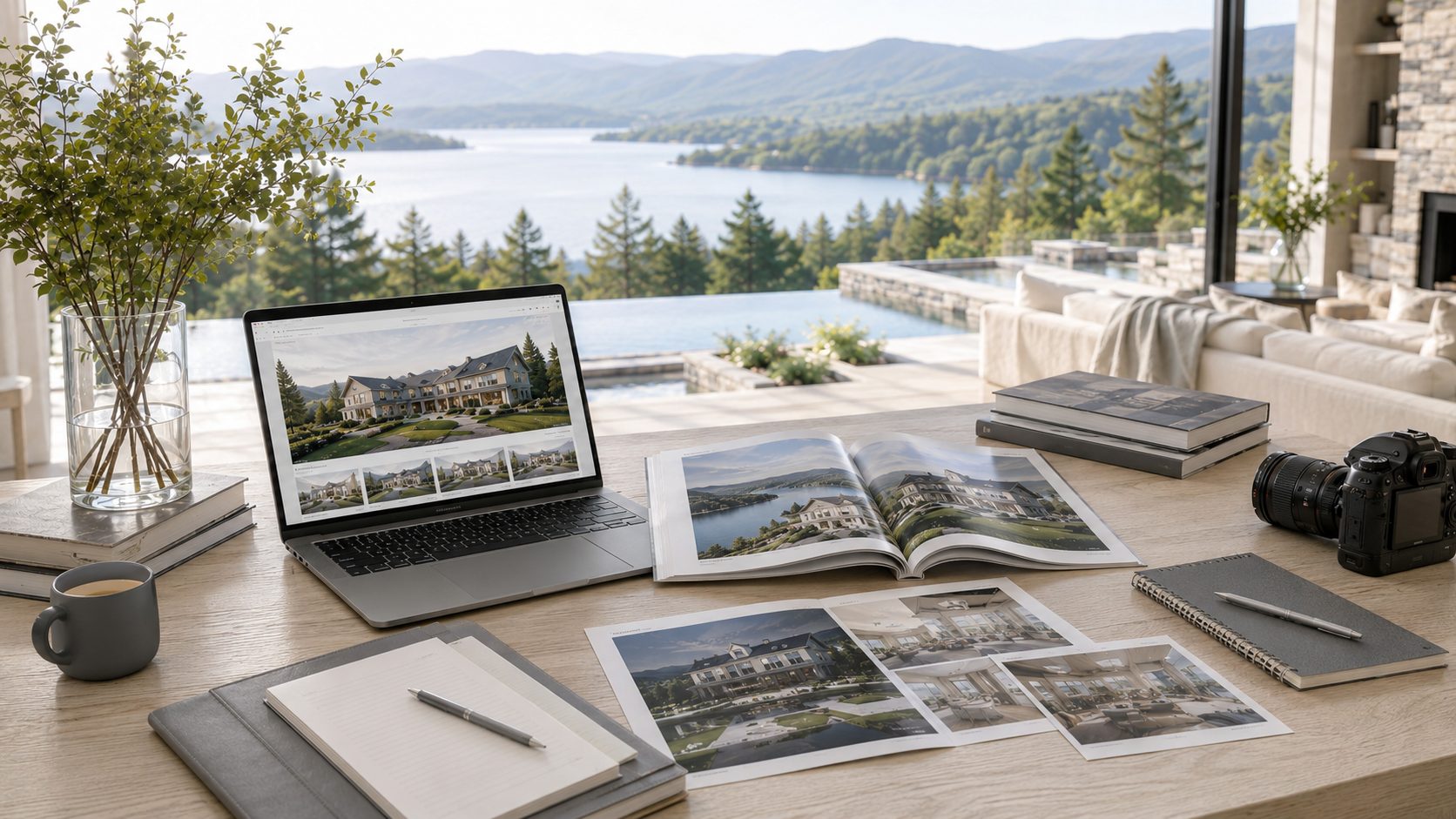 Luxury real estate marketing workspace with property website, listing photography, printed presentation, and camera overlooking an East Tennessee lake.