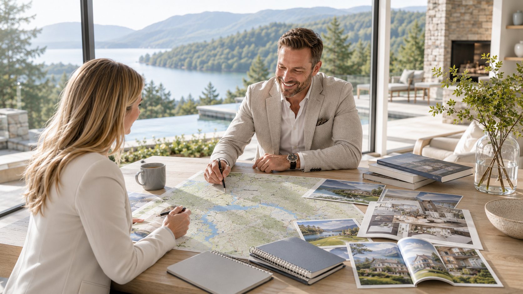 Luxury real estate advisor and client reviewing an East Tennessee map and property options beside scenic lake views.