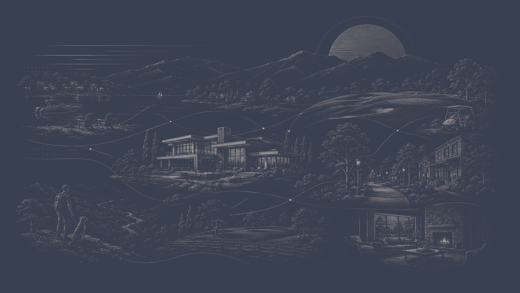 East Tennessee luxury lifestyle illustration featuring lake access, mountain recreation, golf, walkable communities, and private residential living.