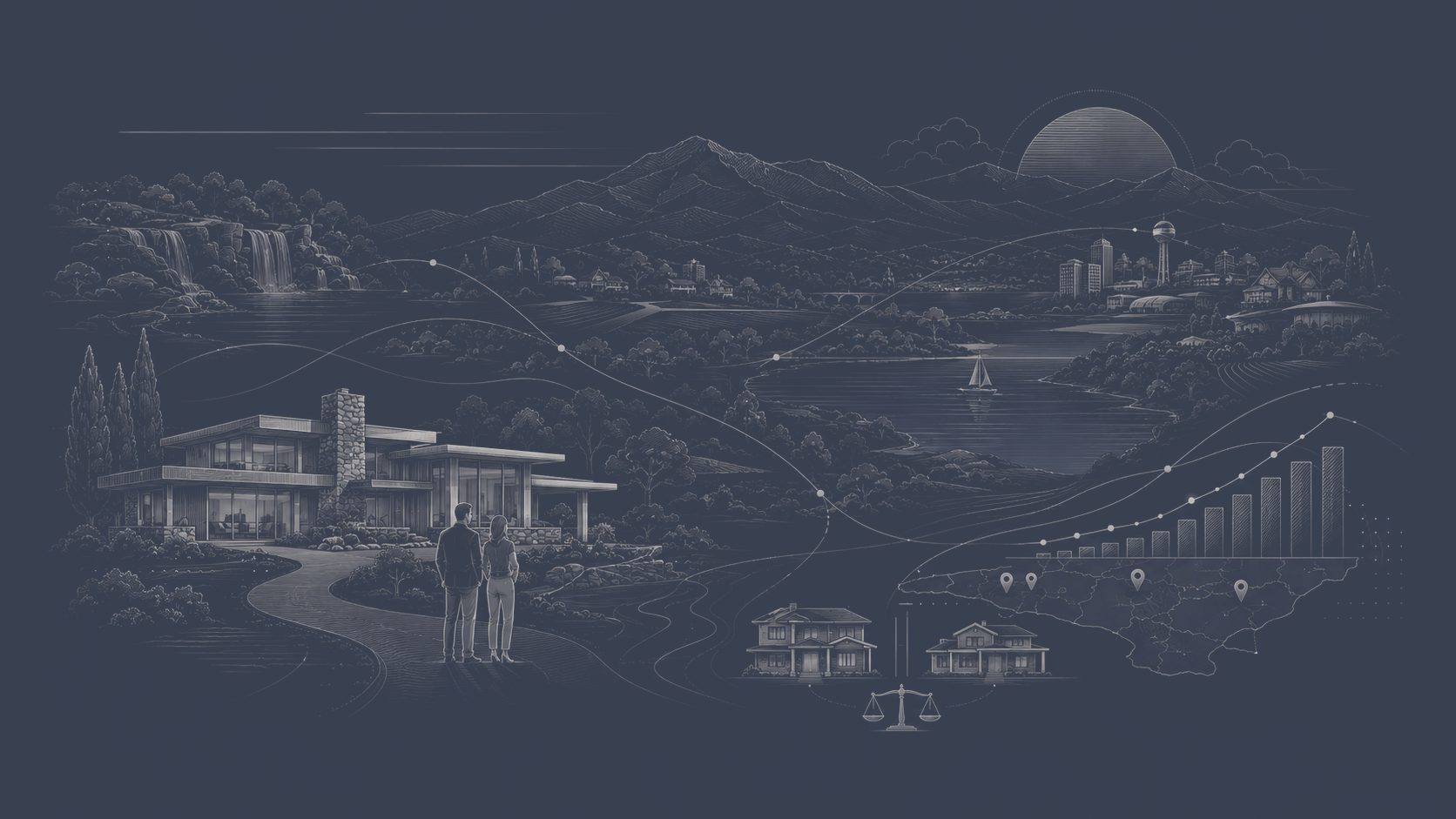 Luxury real estate illustration with market data, regional locations, homes, and East Tennessee landscape elements.
