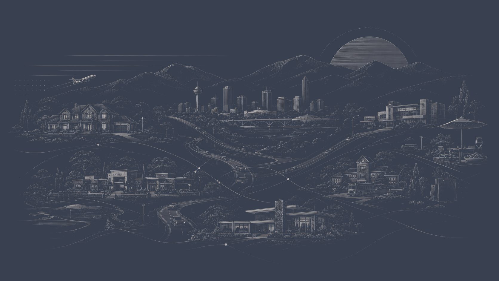 Illustrated comparison of Knoxville, lakefront, mountain, and residential luxury communities across East Tennessee.
