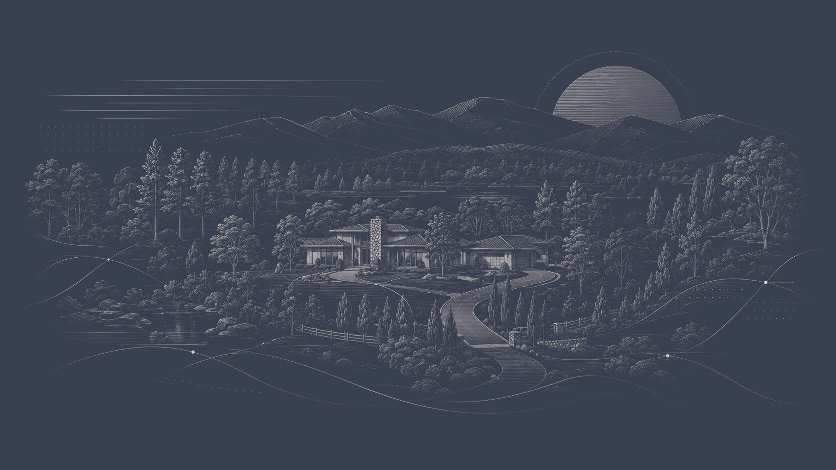Private luxury estate surrounded by wooded acreage, mountains, water, and a long landscaped drive in East Tennessee.