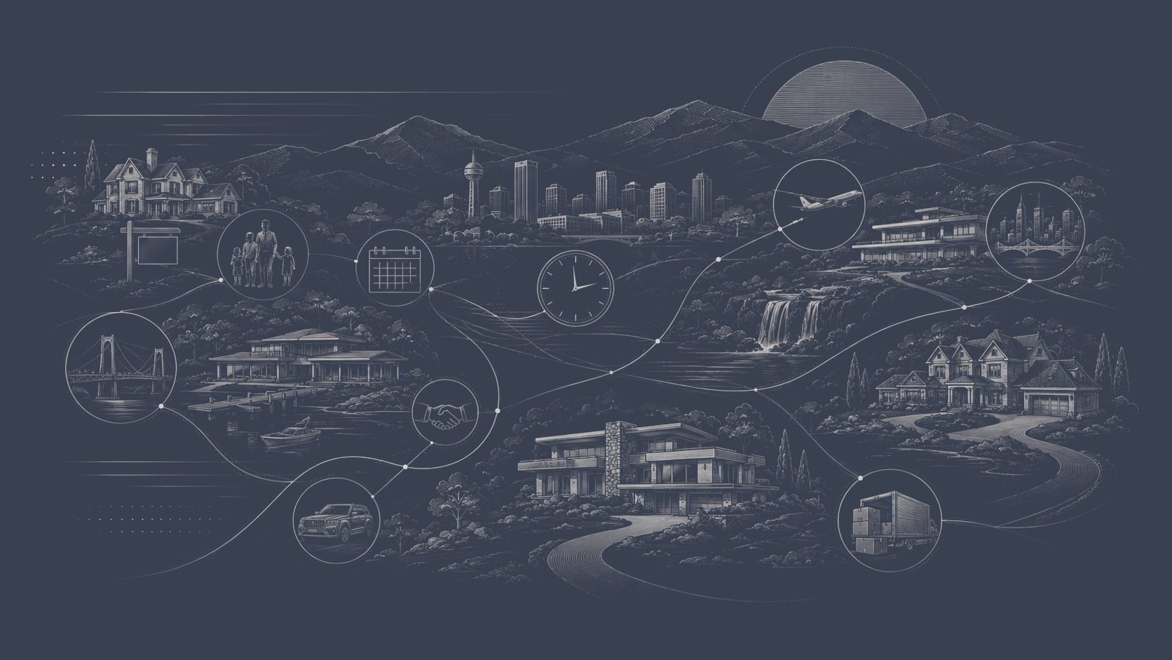 Relocation planning illustration featuring homes, calendar, clock, airplane, moving truck, travel routes, and East Tennessee communities.