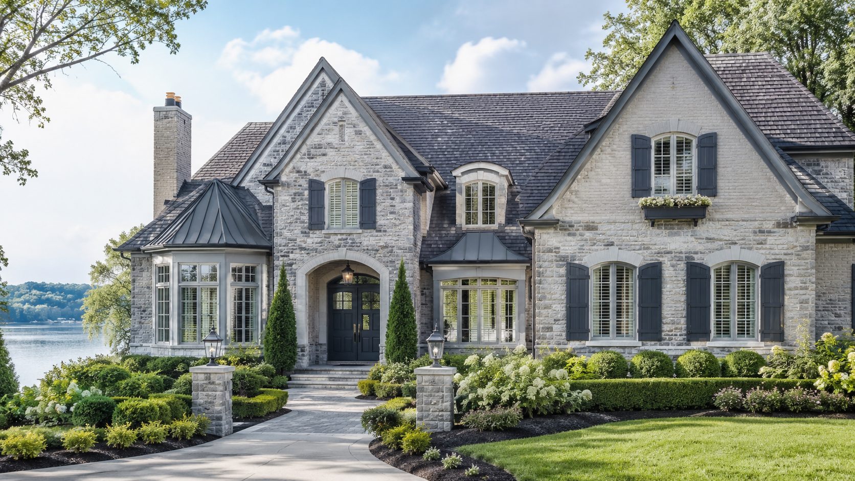 Traditional luxury home in Farragut with blue-gray shutters, light stone architecture, manicured gardens, and a nearby lake view.