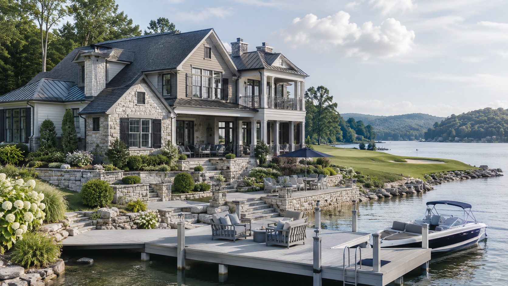 Luxury Tellico Lake home with stone terraces, blue-gray exterior details, private dock, boat, and golf course views.