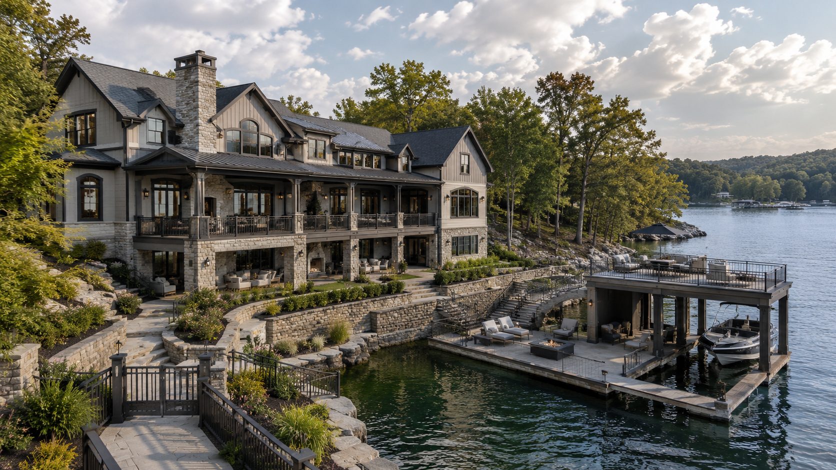Large Norris Lake waterfront home with blue-gray siding, stone architecture, private dock, covered boat slip, and wooded shoreline.