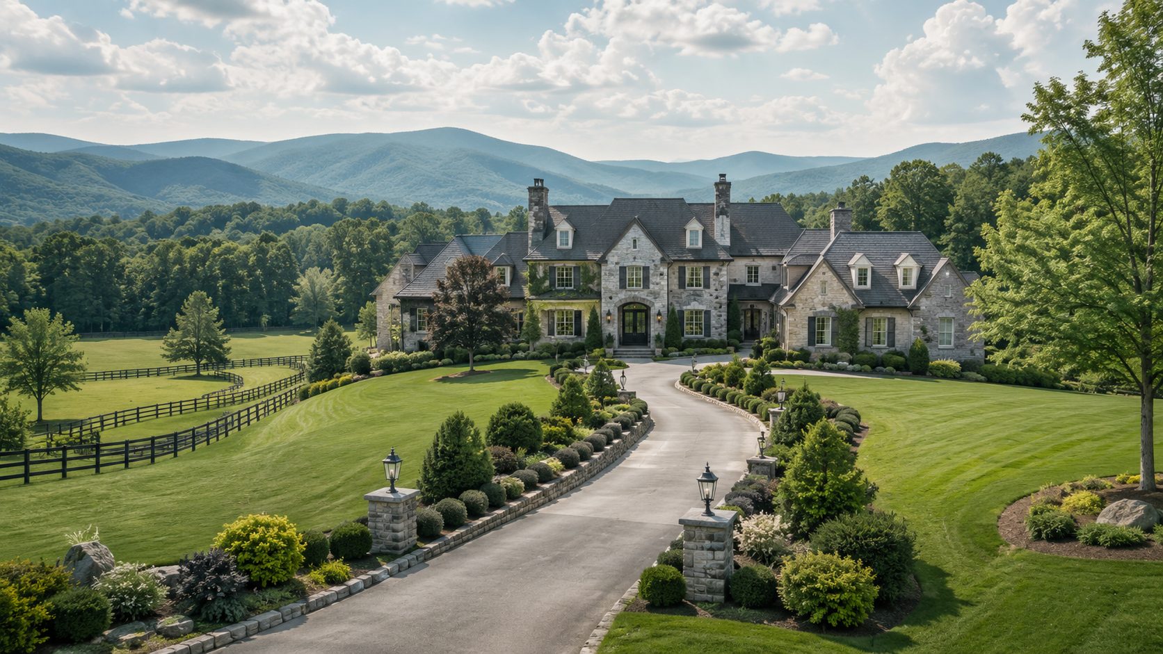 Grand Blount County estate with stone exterior, landscaped acreage, long private drive, fenced grounds, and mountain views.