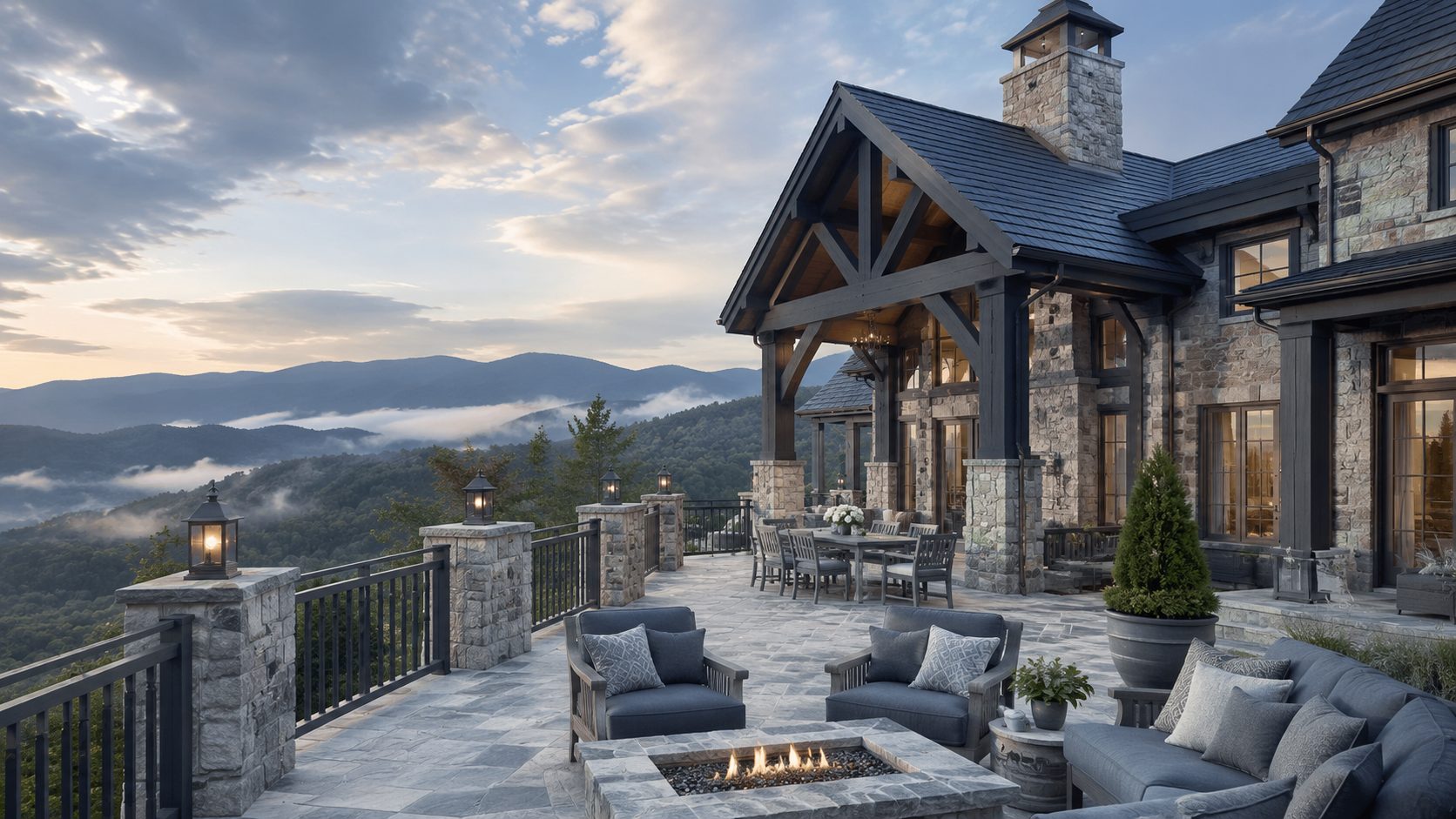Luxury Smoky Mountain residence with stone and timber architecture, blue-gray outdoor furnishings, fire feature, and layered mountain views.