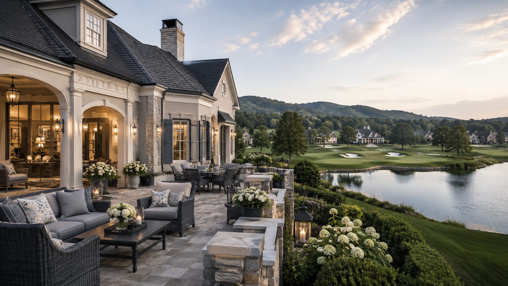 Luxury golf community home with blue-gray furnishings, stone terrace, manicured fairways, water feature, and mountain views.