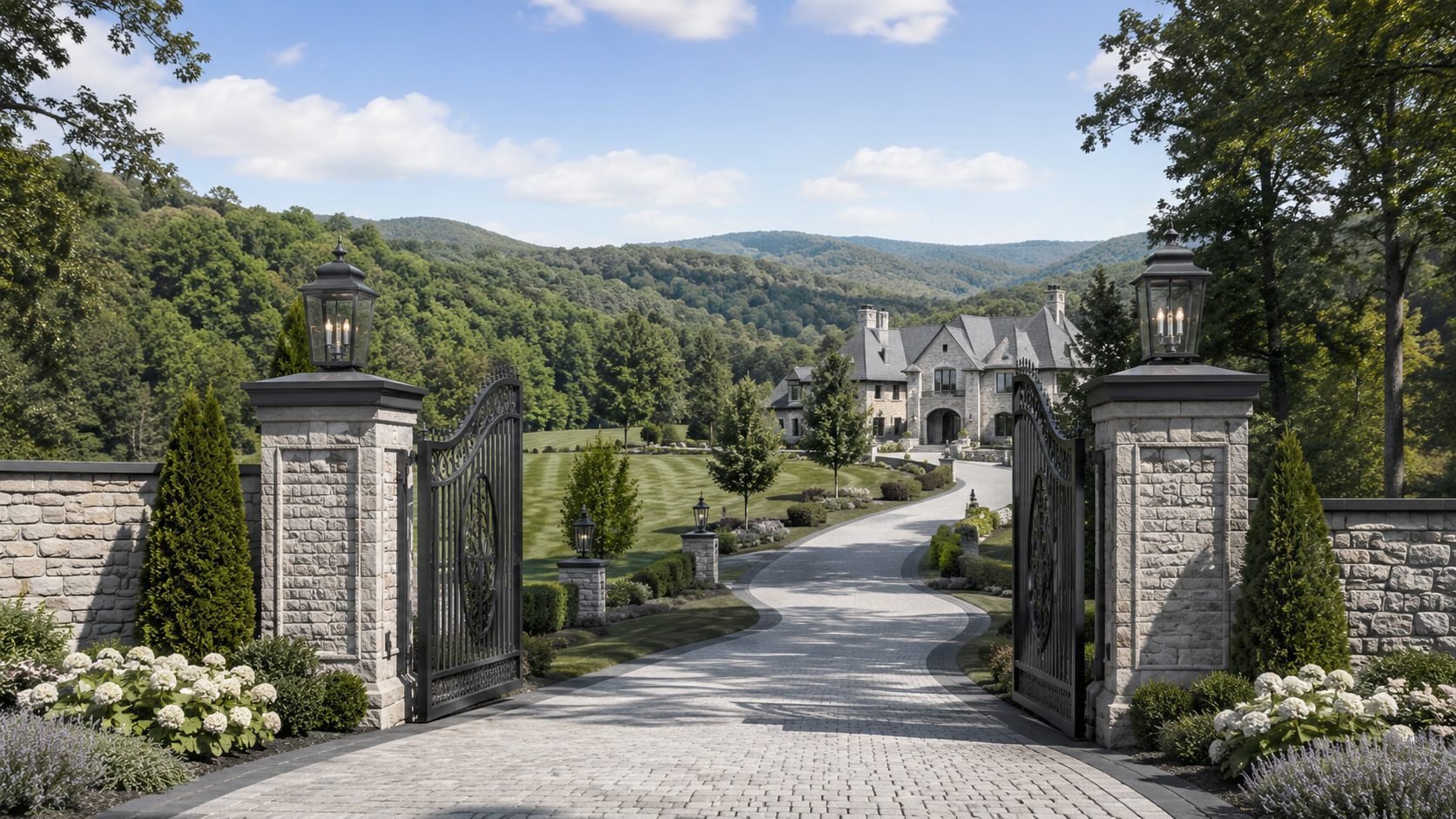 Gated East Tennessee private estate with light stone architecture, long driveway, landscaped acreage, and wooded mountain surroundings.