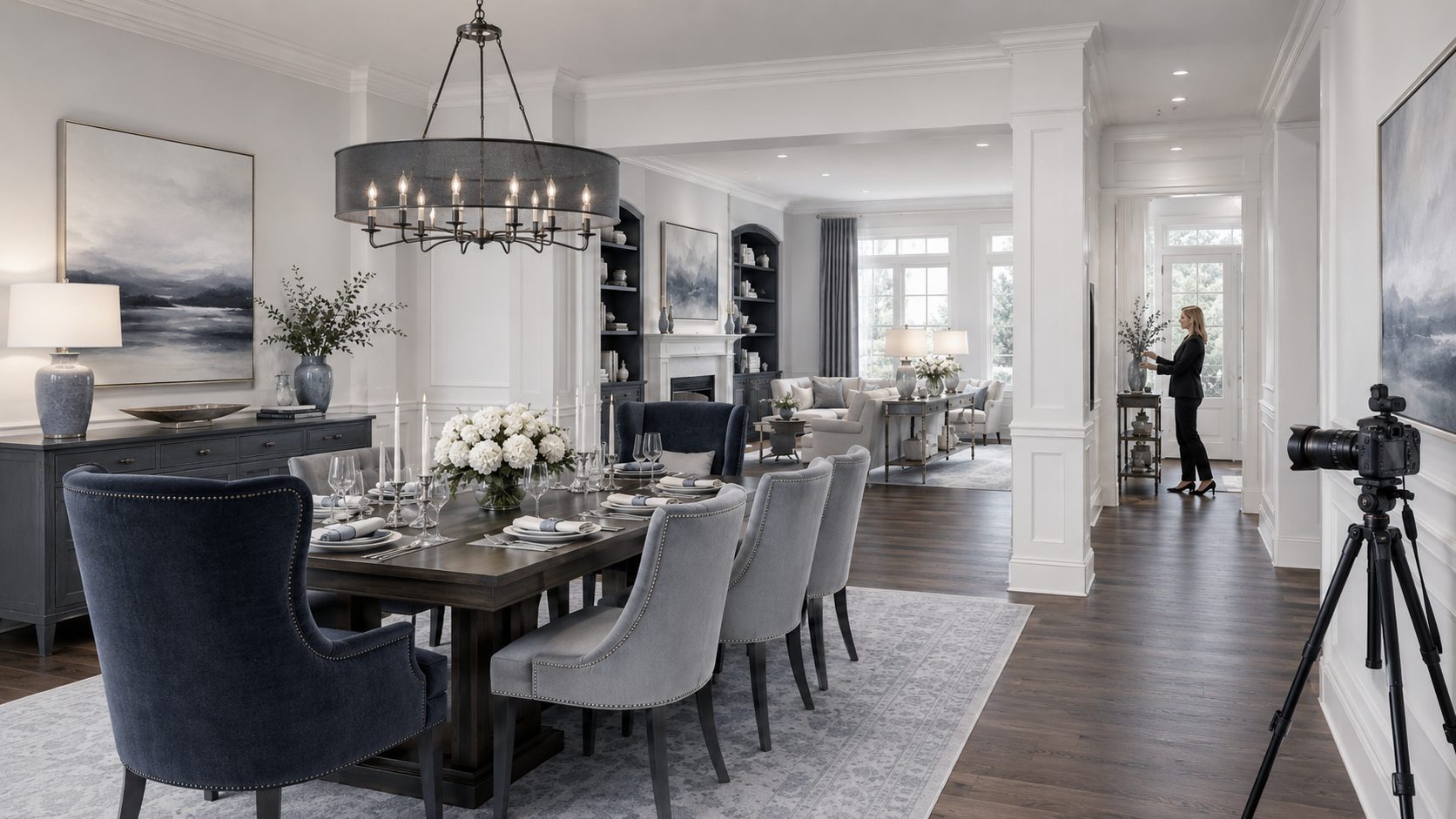 Professionally staged luxury dining and living space with blue-gray furnishings, polished décor, and real estate photography equipment.