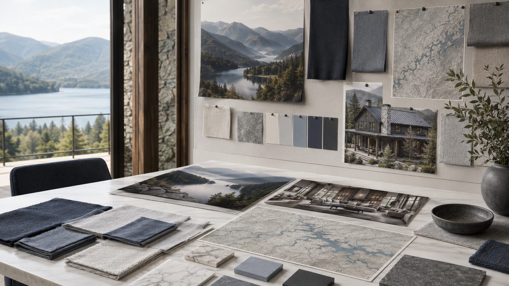Luxury research studio with regional maps, property photography, architectural samples, and Wallace blue-gray material swatches.