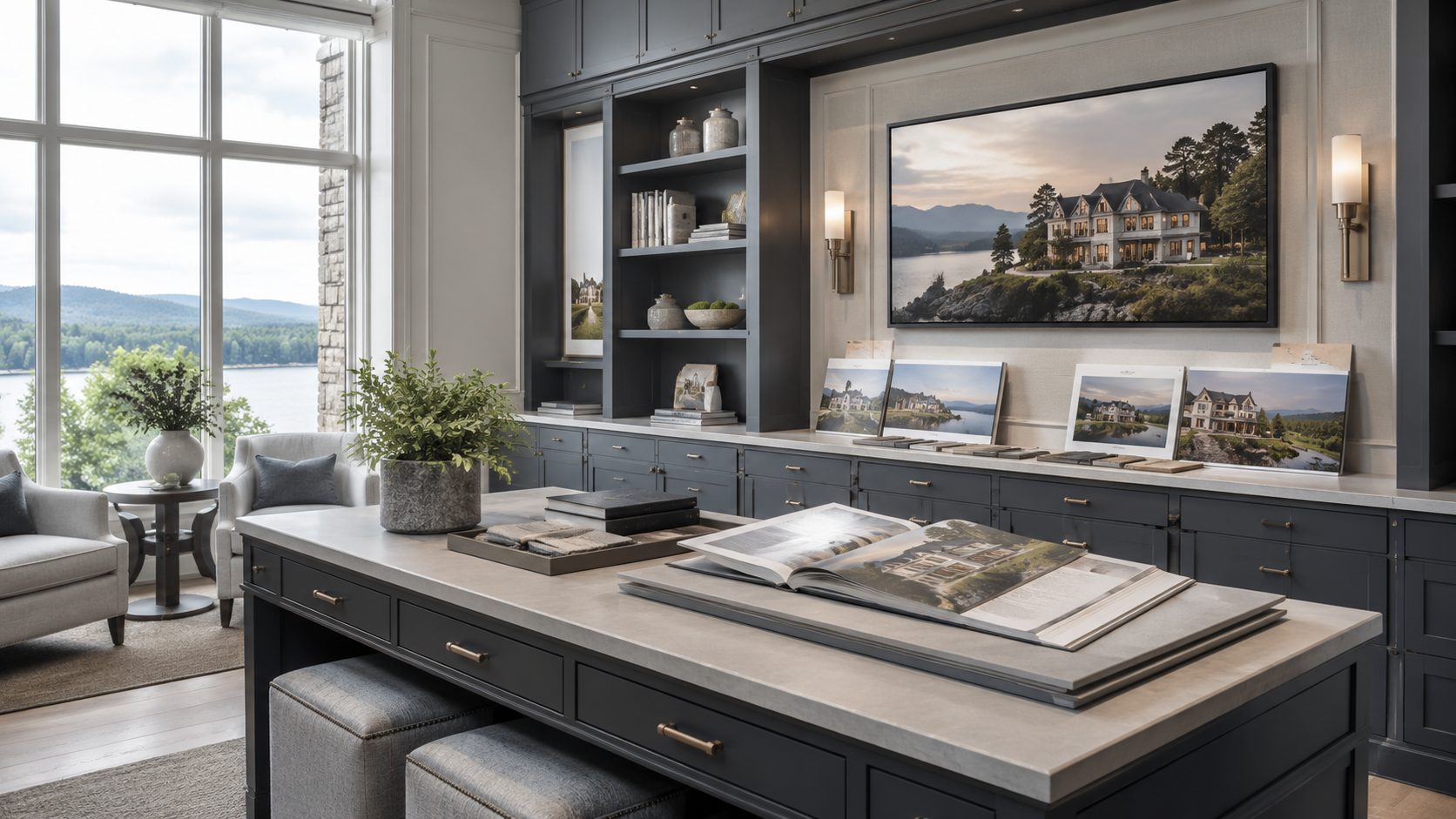 Luxury real estate marketing studio with blue-gray cabinetry, property photography, presentation materials, and East Tennessee lake views.