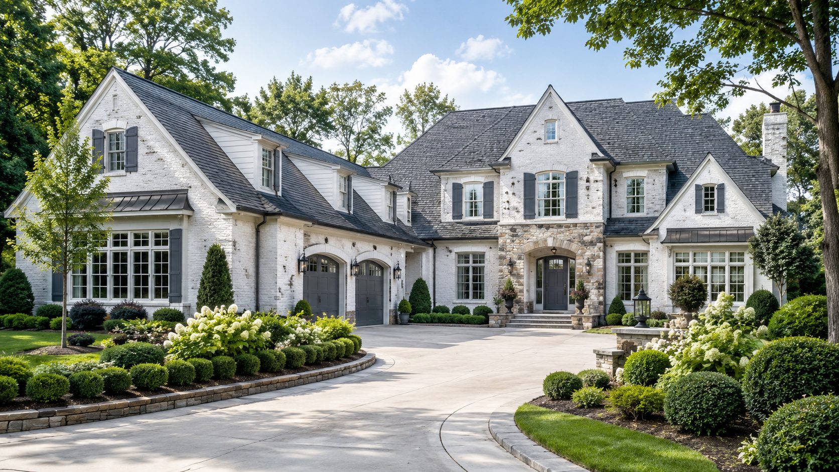Traditional luxury home in Farragut with blue-gray exterior details, light stone finishes, and formal landscaped gardens.