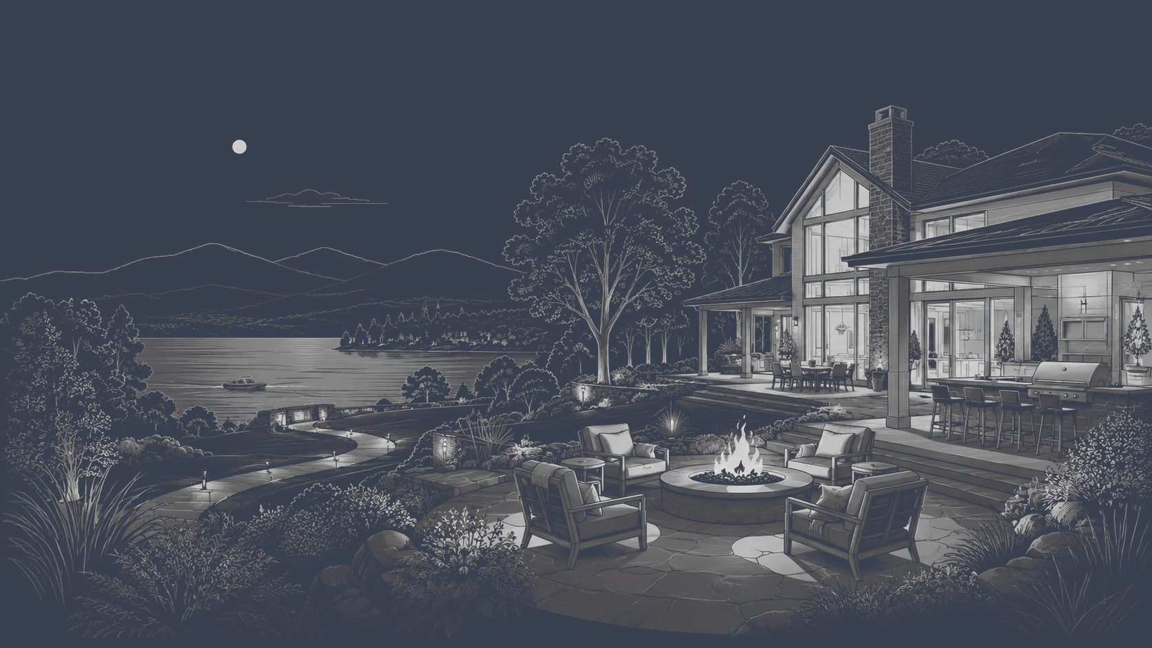 Luxury lakefront home with outdoor kitchen, fire pit, entertaining space, mountain views, and private water access.
