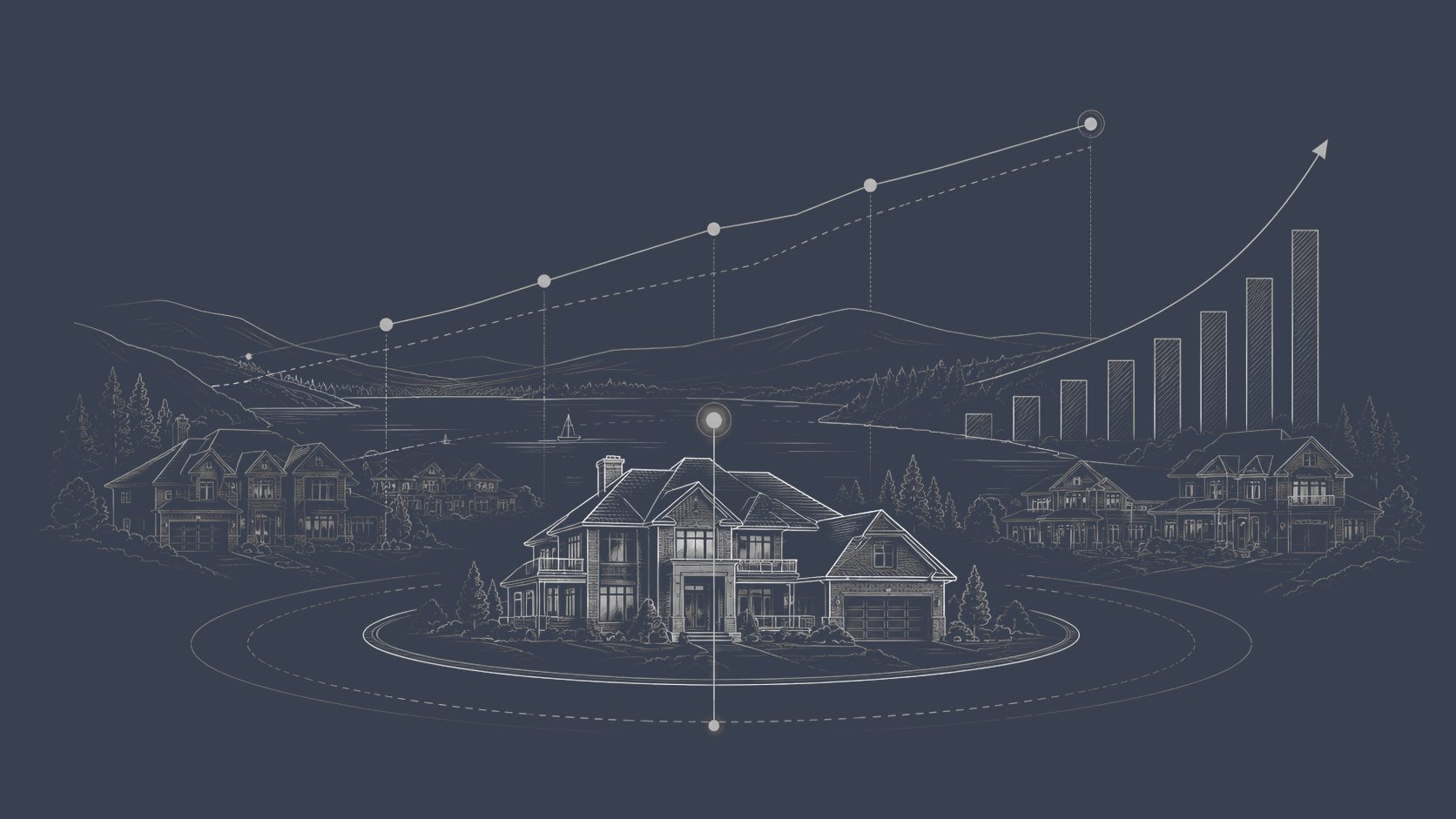 Luxury homes with rising market charts representing pricing, competition, buyer demand, and property positioning.