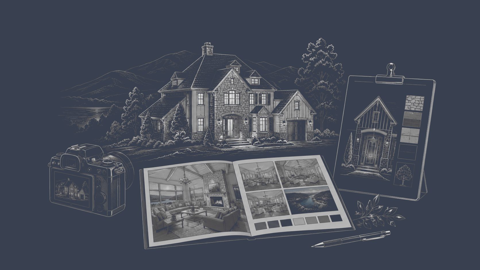 Luxury home presentation materials including professional photography, interior imagery, architectural details, and a refined marketing portfolio.