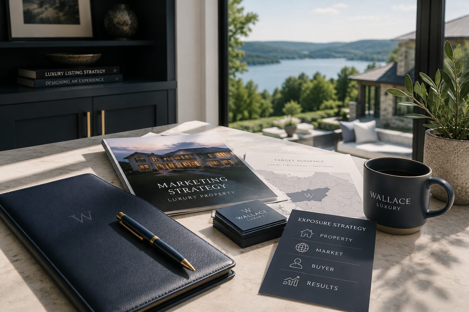 Luxury listing strategy materials arranged in a blue-gray workspace overlooking an East Tennessee lake and mountain landscape.