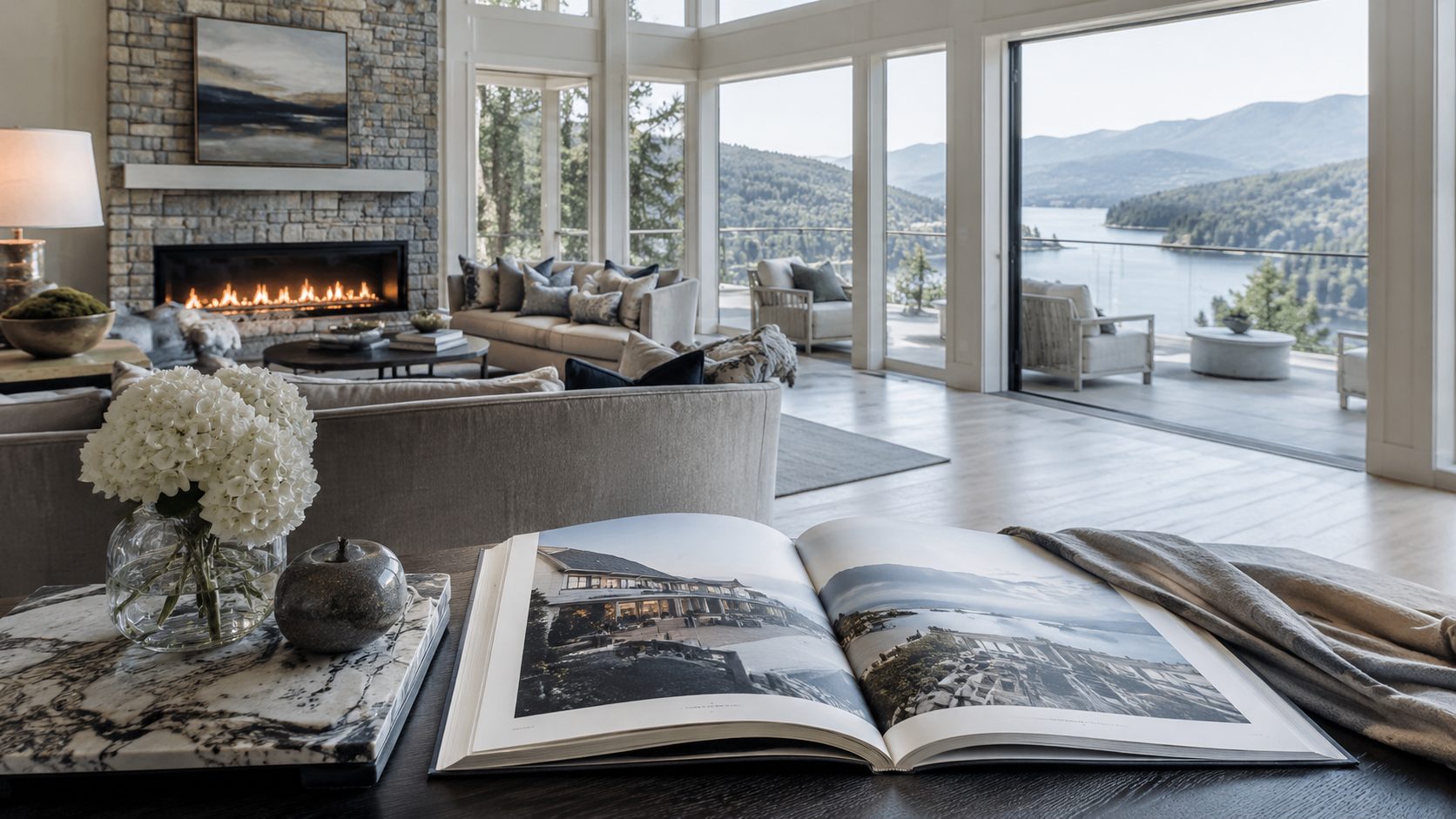 Open luxury property album inside a bright lake-view home with blue-gray furnishings, stone fireplace, and mountain scenery.