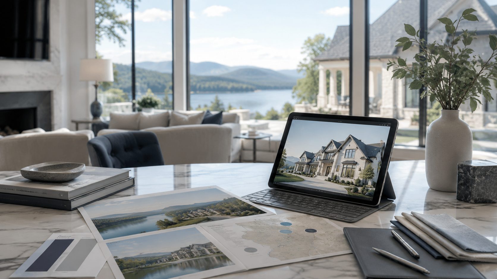 Luxury real estate market analysis workspace with property photography, regional map, digital listing, and blue-gray material samples.
