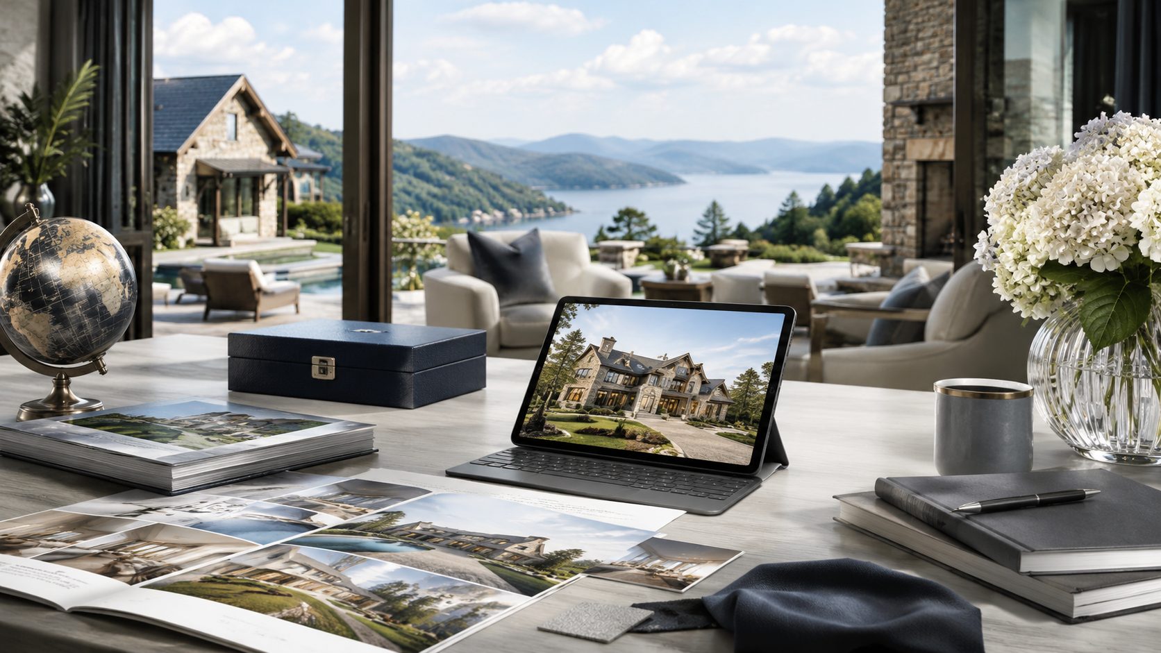 Luxury listing presentation with globe, digital property display, marketing materials, and panoramic East Tennessee lake and mountain views.