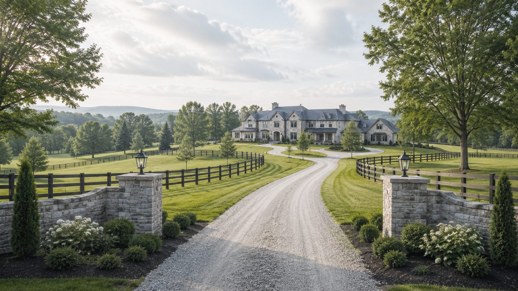 Grand East Tennessee private estate with gated entrance, long driveway, fenced acreage, and mature landscaping.