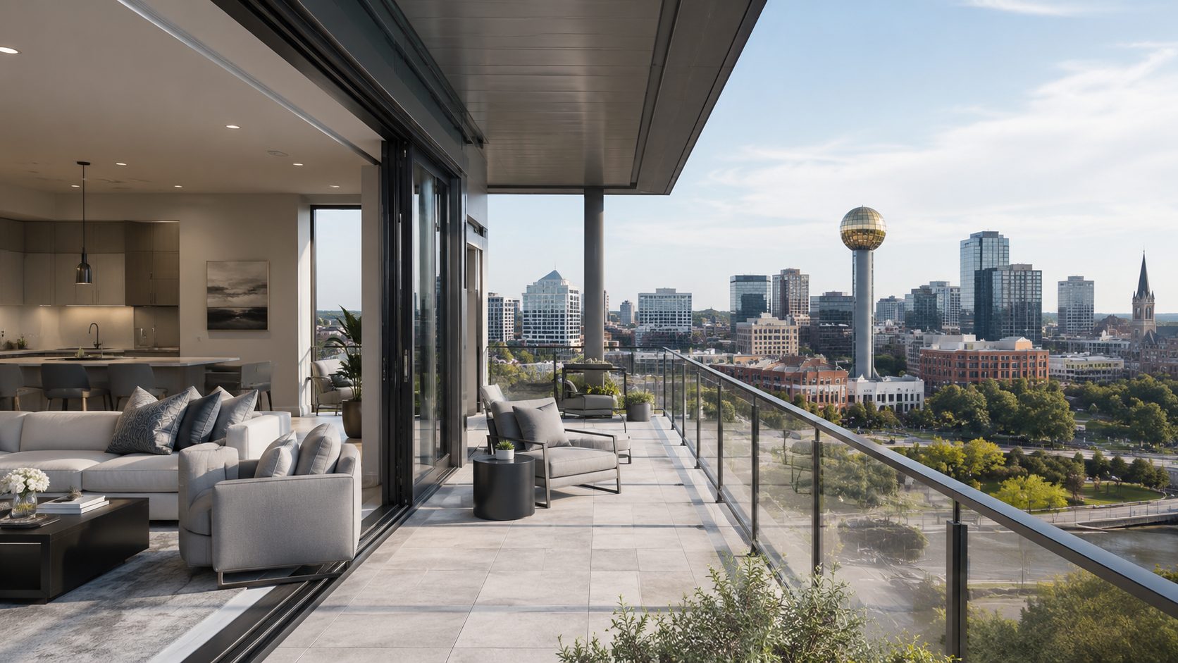 Bright luxury condominium terrace overlooking downtown Knoxville and the Sunsphere with refined blue-gray furnishings.
