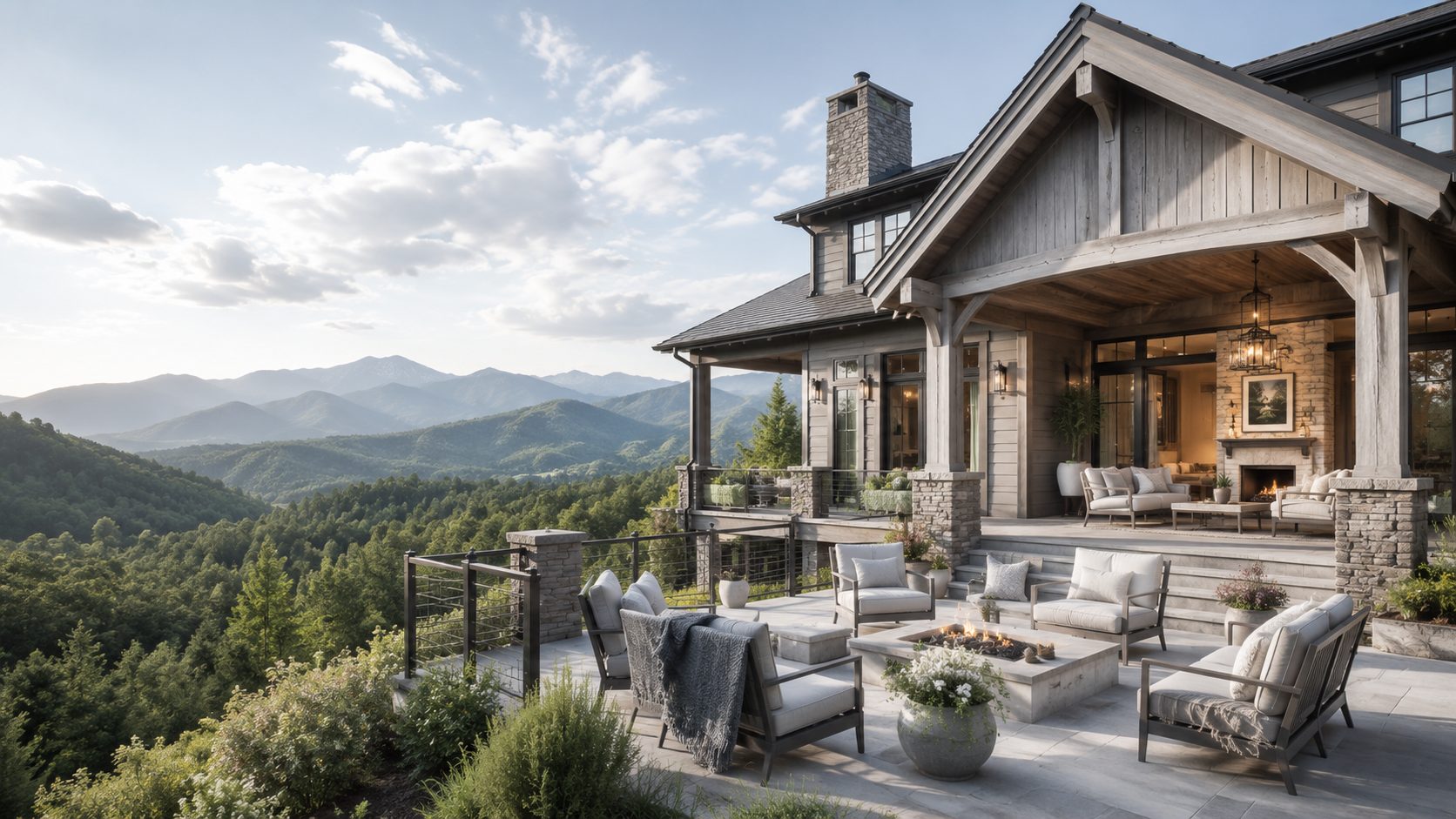Luxury Smoky Mountain retreat with stone and timber architecture, outdoor fireplace, and expansive mountain views.