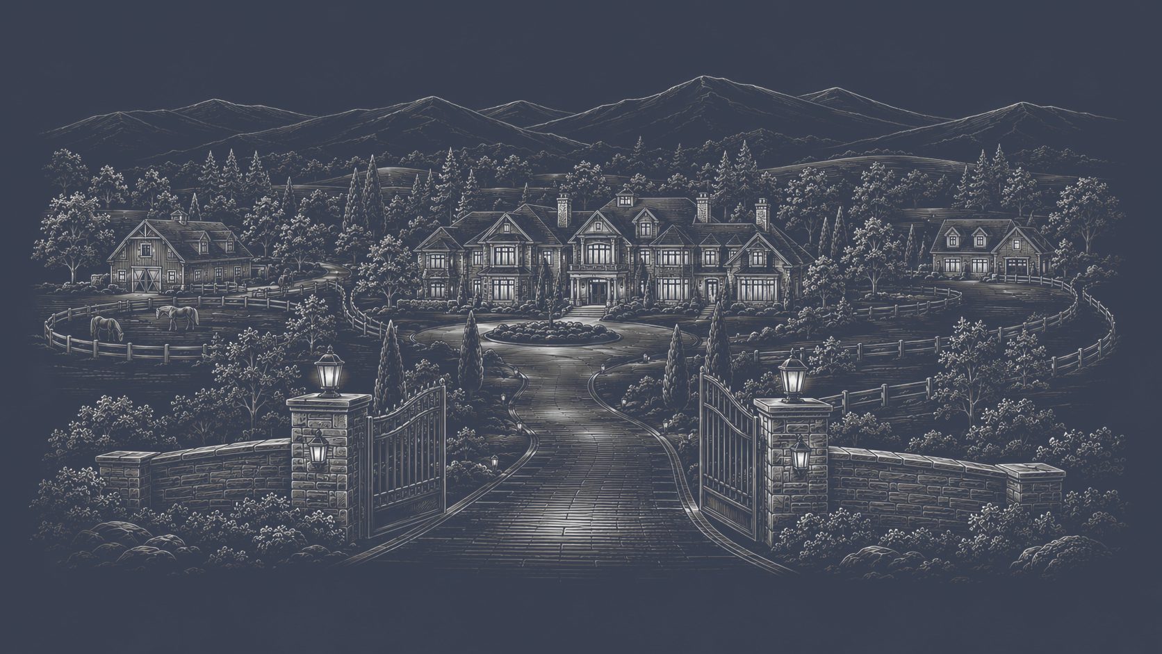 Gated luxury estate with expansive acreage, long private driveway, guest buildings, fenced land, and mountain views.