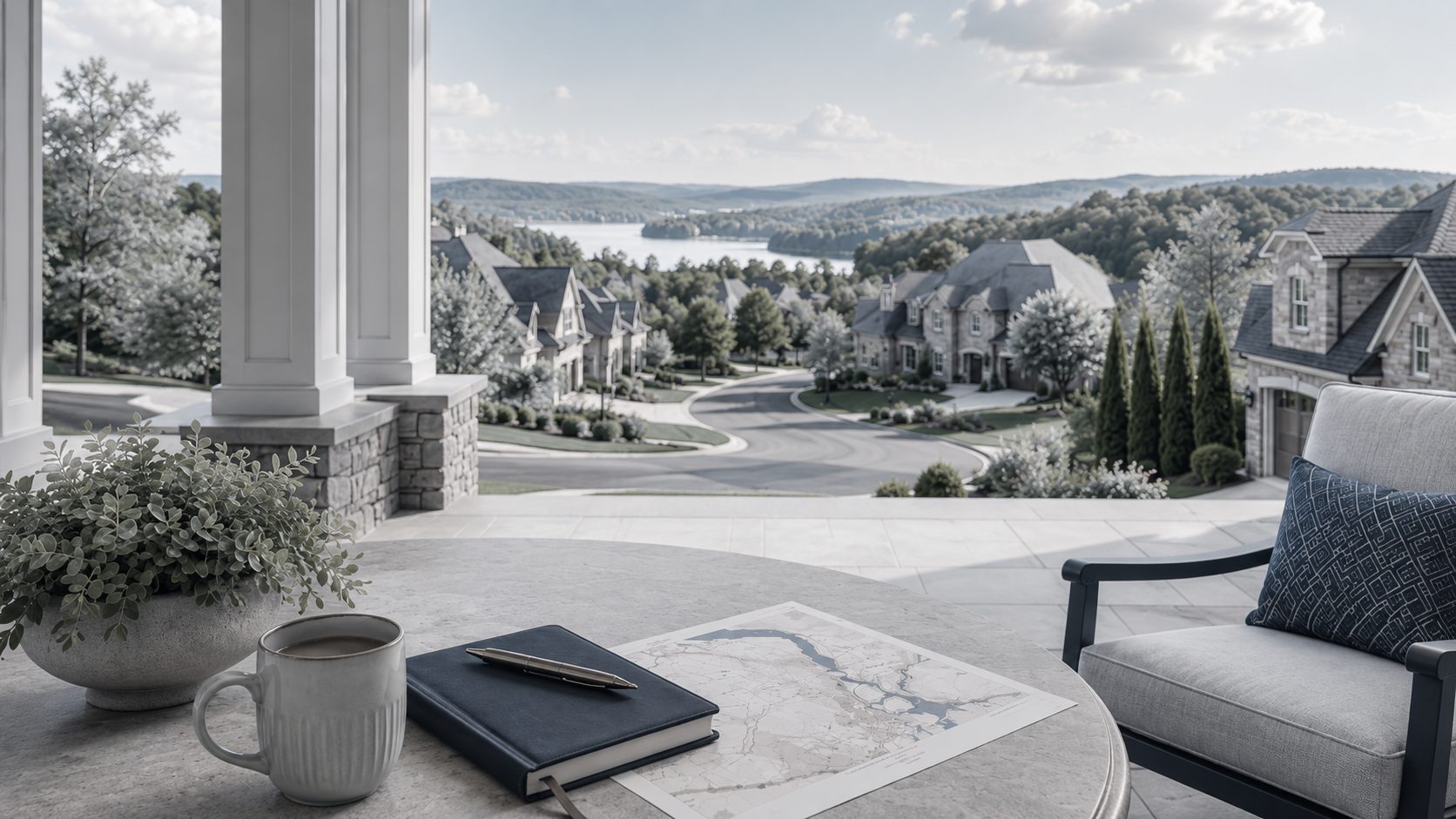 Breakfast terrace overlooking downtown Knoxville, the Tennessee River, and the Sunsphere with blue-gray luxury furnishings.