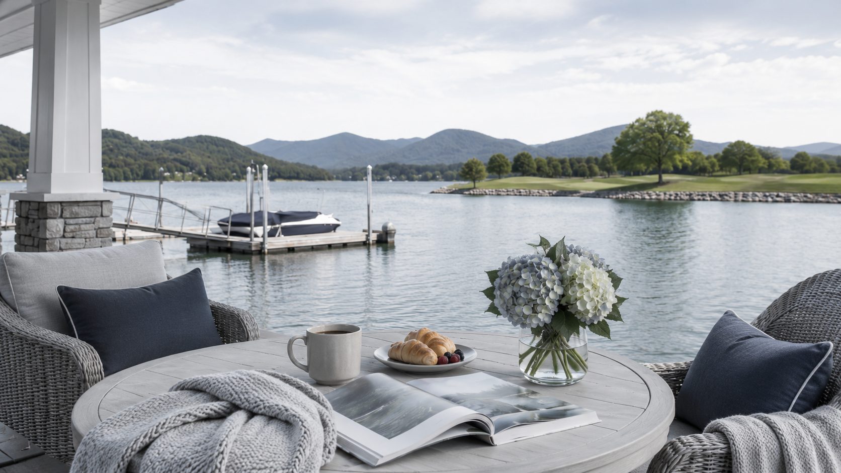 Bright waterfront terrace with golf course views, a private dock, blue-gray furnishings, and East Tennessee mountains.