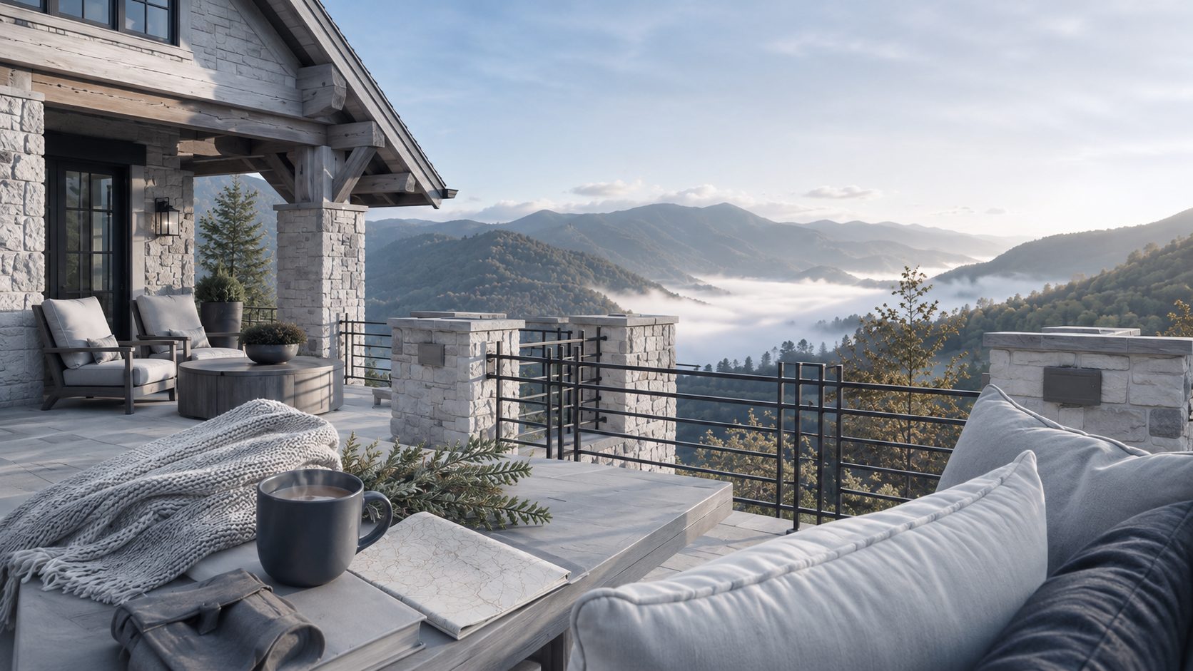 Luxury Smoky Mountain terrace with stone architecture, blue-gray furnishings, regional map, and mist-covered mountain views.